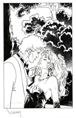 un dessin en noir et blanc représentant un homme embrassant une femme