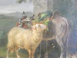 un tableau représentant deux moutons et un âne portant un panier sur le dos