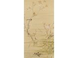 an oriental painting of birds and flowers on a beige background
