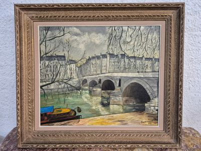 une peinture représentant un pont au-dessus d'une étendue d'eau