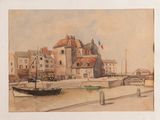 une peinture d'un bateau dans l'eau près d'un bâtiment