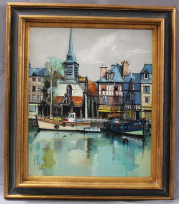 an oil painting of a boat docked in a harbor with buildings in the background