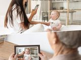 two pictures of a woman holding a baby and a cell phone