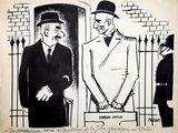 drawing of two men in suits and hats standing in front of a gate