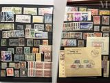 two pictures of a collection of stamps on the wall