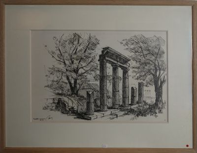 dessin représentant un dessin d'un bâtiment dans un cadre accroché au mur
