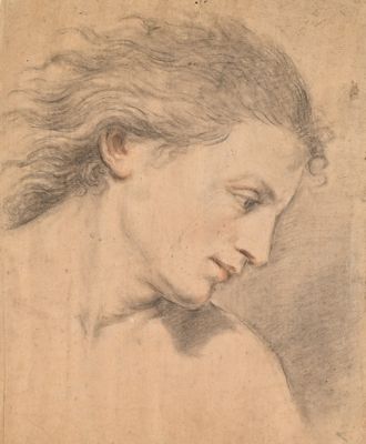 dessin représentant la tête d'une femme aux yeux fermés, dont les cheveux sont emportés par le vent
