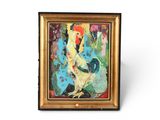 une peinture à l'huile représentant une femme avec un coq sur fond bleu