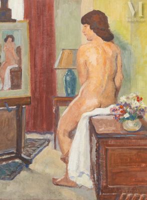 un tableau représentant une femme nue assise devant un miroir