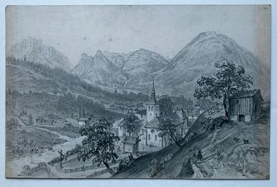 un vieux dessin représentant un village de montagne avec une église au premier plan