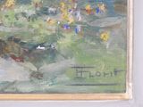 a painting of a dog that is sitting in the grass
