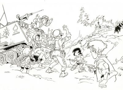 dessin humoristique représentant un groupe d'enfants jouant avec un char d'assaut