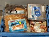 a blue crate with various items inside of it