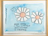 une peinture représentant deux fleurs blanches sur fond bleu