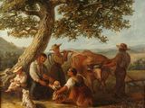 tableau représentant une réunion de famille sous un arbre, avec une vache au premier plan