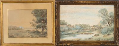 deux tableaux représentant des arbres et une rivière, dans un cadre doré