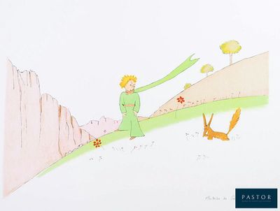 a drawing of a woman and a cat on a hill