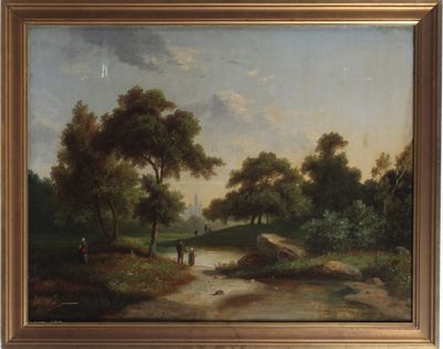 painting of a landscape with a river and people in the distance