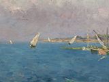 a painting of sailboats on the water near a shore