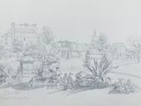 pencil drawing of a view of a park with people sitting on benches