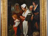 an oil painting of a group of people standing around a child