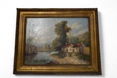 Ecole début XXème, "Paysage lacustre animé" Huile sur toile.