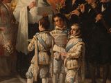 painting of a group of people standing in front of a building