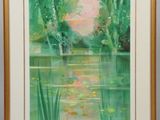 une peinture à l'huile représentant un étang avec des nénuphars et des arbres