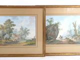 two framed paintings of a landscape with a man and a dog
