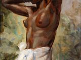une peinture à l'huile représentant un homme avec une serviette sur la tête