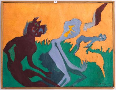 un tableau accroché au mur d'une pièce, représentant un homme et une femme