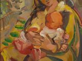 une peinture à l'huile représentant une femme tenant un bébé dans ses bras