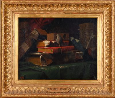 une image représentant un tableau où l'on voit un chat assis sur une pile de livres