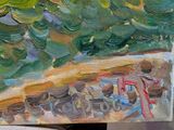 a picture of a painting of a train on a train track