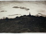 drawing of a church on a hill with a cloudy sky in the background