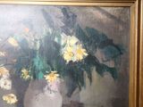 a painting of yellow flowers in a vase on a table