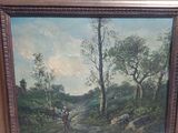 a painting of a man riding a horse in a wooded area