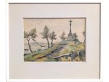 an image of a watercolor painting of a landscape with trees