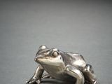 figurine en argent représentant une grenouille assise sur une surface grise