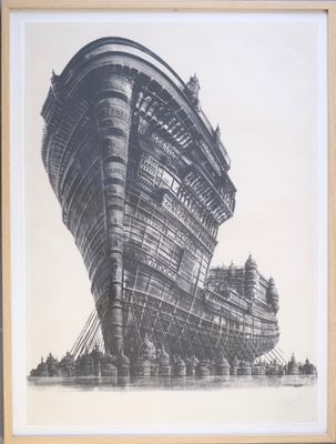 an old photo of a ship under construction in a wooden frame