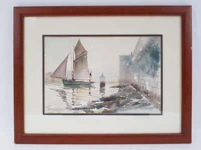 framed watercolor painting of a sailboat in a harbor