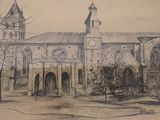 pencil drawing of a large building with a clock tower on top of it