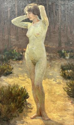 Femme nue se prélassant au soleil à l'orée du bois.