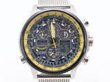 the watch is silver and yellow on a white background
