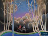 un tableau représentant deux personnes à cheval dans les bois