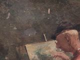 a painting of a man sitting in front of a easel