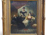 un tableau représentant une femme assise sur un canapé à côté d'un homme et d'un chien