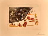 drawing of a snow scene with people and animals in the snow
