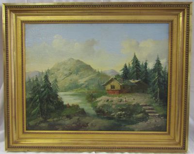 une peinture à l'huile représentant un paysage de montagne avec une cabane au premier plan