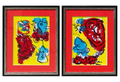 deux tableaux encadrés représentant des dessins d'enfants, sur fond jaune et rouge